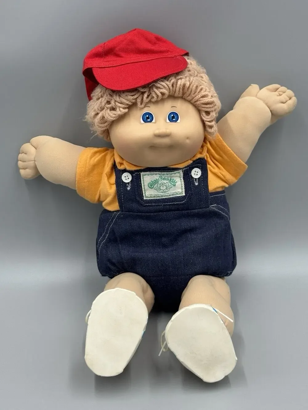 Vintage Coleco Cabbage Patch Doll Blonde Blue Eyes Overalls Red Hat